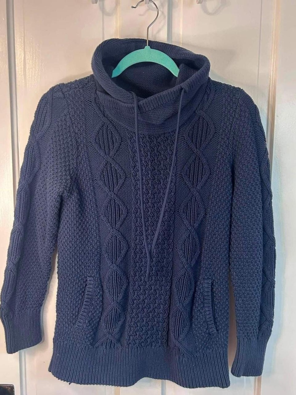 L.L. Bean Navy Cable Knit Cowl Neck Sweater